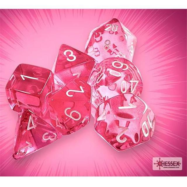 Manufacturing CHX23084 Translucent Pink & White Polyhedral Dice Set - Set of 7