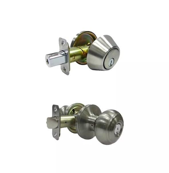 Fancy Mushroom Entry Knob with Single Cylinder Deadbolt Satin Nickel Metal 3 Grade Right Handed