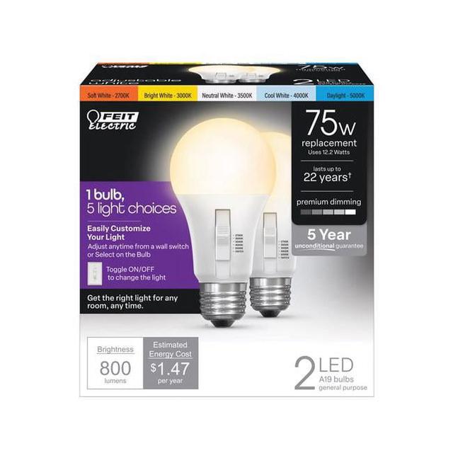 Tunable White & Color Changing 75W Equivalence A19 E26 Medium LED Light Bulb, Pack of 2