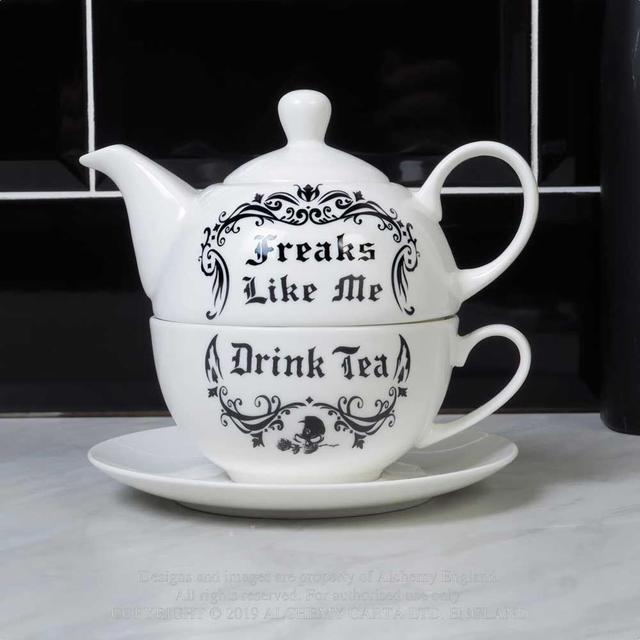 6.5 in. Freaks Like Me Drink Tea Set, White & Black - 3 Piece