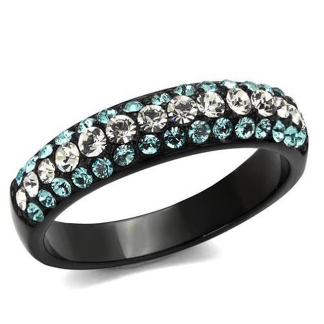 TK2205-6 Women IP Black Stainless Steel Ring with Top Grade Crystal in Sea Blue - Size 6