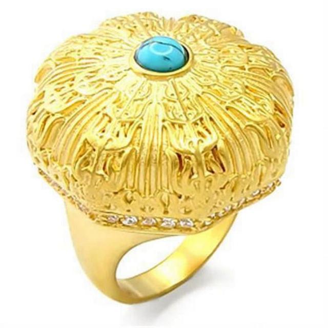 Gold Brass Ring with Synthetic Turquoise, Sea Blue - Size 5