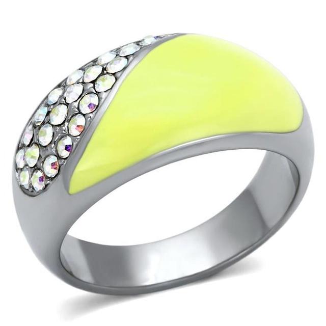 High Polished No Plating Stainless Steel Ring with Top Grade Crystal, Rainbow Effect Aurora Borealis - Size 9