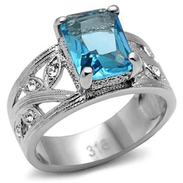 Women High Polished Stainless Steel Ring with Synthetic in Sea Blue - Size 5