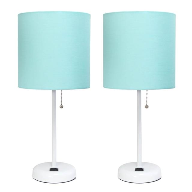 White Stick Table Lamp with Charging Outlet & Fabric Shade&#44; Aqua - Set of 2
