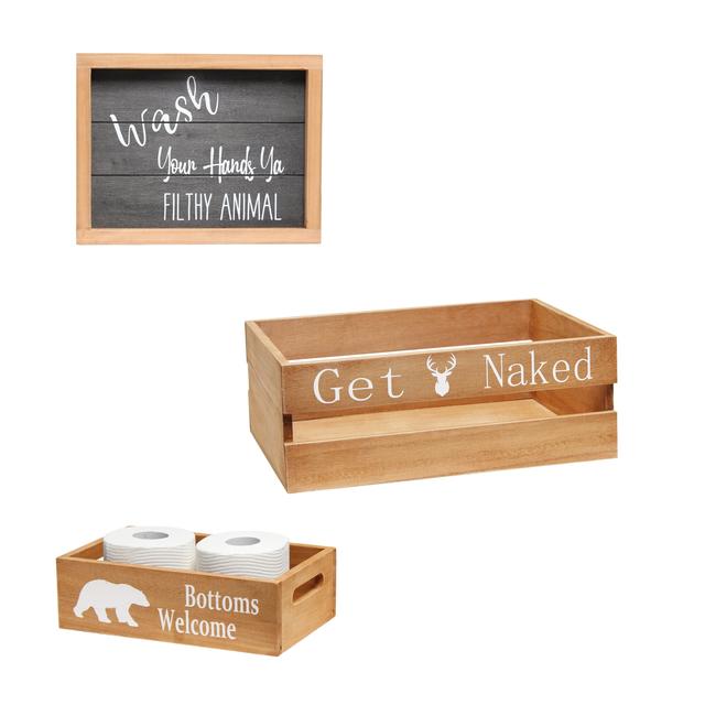 Elegant Designs Three Piece Decorative Wood Bathroom Set&#44; Large&#44; Cabin/Lodge/Rustic  (1 Towel Holder&#44; 1 Frame&#44; 1 Toilet Paper Holder)