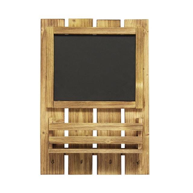 Chalkboard Sign with Key Holder Hooks and Mail Storage, Natural Wood