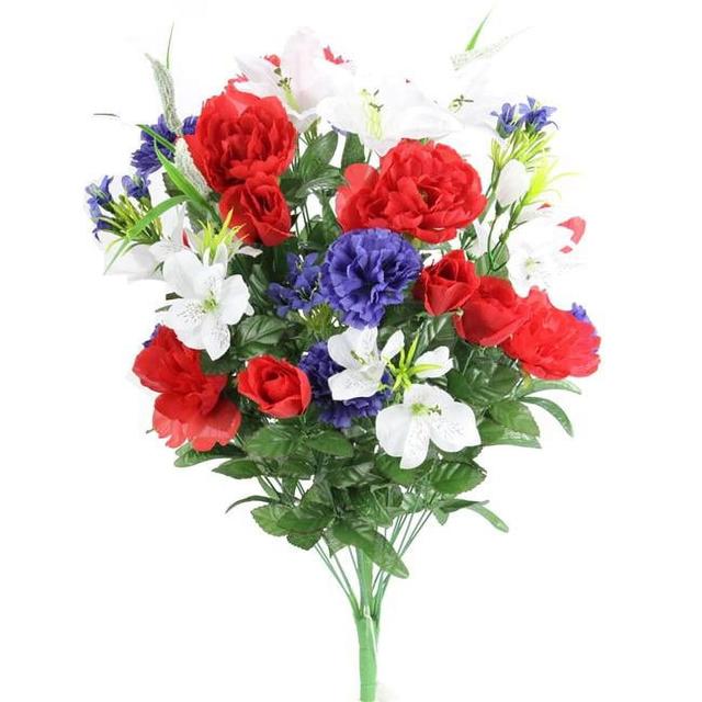 Admired by Nature  40 Stems Artificial Full Blooming Lily&#44; Rose Bud&#44; Carnation & Mum with Greenery Mixed Flower Bush - Red&#44; White & Blue