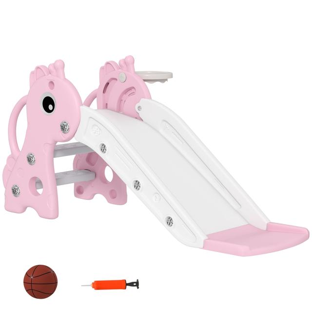 331-085V00PK Qaba 3-in-1 Toddler Slide for Age 1-3 - Freestanding Kids Slide with Climber - Basketball Hoop & Ball - Giraffe Design&#44; Pink
