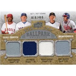 Ian Kinsler&#44; Howie Kendrick & Freddy Sanchez & Yunel Escobar Player Worn Jersey Patch 2009 Upper Deck Ballpark No.218 LE 18-400 Baseball Card