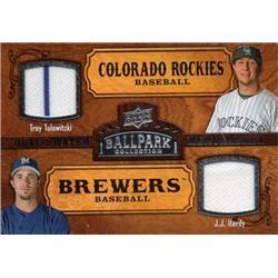 687699 Troy Tulowitzki & JJ Hardy Player Worn Jersey Patch Rockies&#44; Brewers 2008 Upper Deck Ballpark No.173 Baseball Card