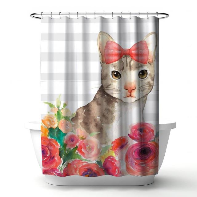 4240-7174-CH8 71 x 74 in. Gray Pets Animals Shower Curtain - Small Cat with Flowers Decor