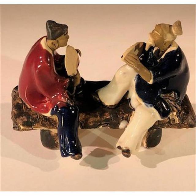 3 in. Ceramic Figurine - Two Men Sitting On A Bench with Fans, Blue & Red