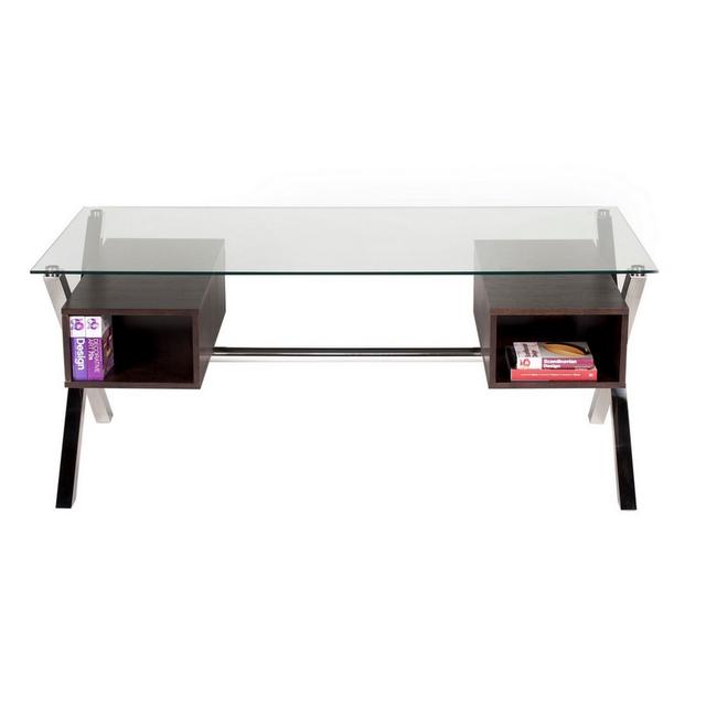 BM313369 71 in. Tia Glass Tempered Top 4 Drawers Dark Brown & Chrome Large Office Desk