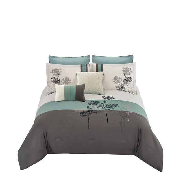 Polyester Comforter Set with Floral Embroidery&#44; Multi Color - King Size - 8 Piece