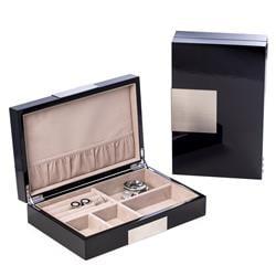 Bey-Berk International  Lacquered Wood Valet Box with Stainless Steel Accents &amp; Multi Compartments Storage - Black