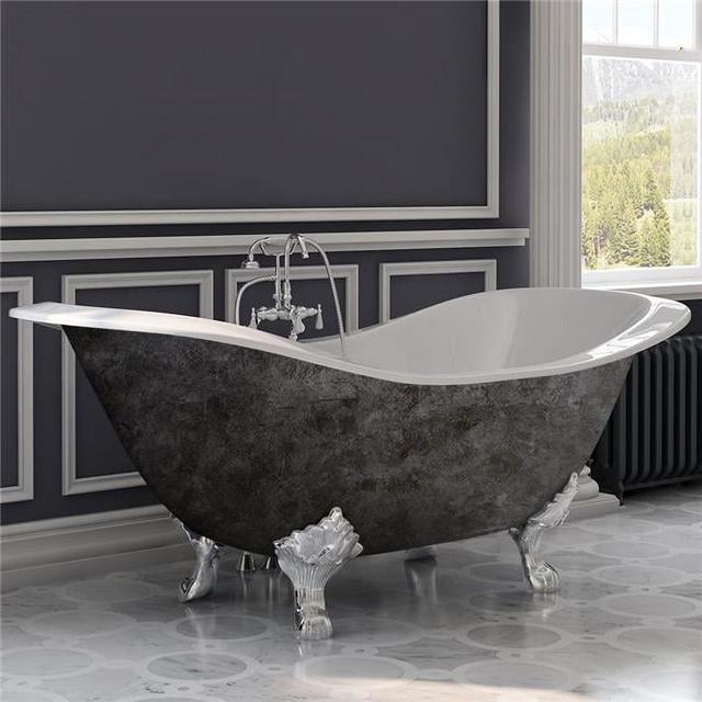 71 in. Scorched Platinum Cast Iron Double Slipper Tub&#44; Polished Chrome Lions Paw Feet&#44; 7 in. Deck Mount Faucet Holes
