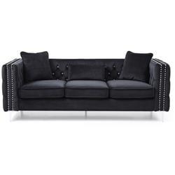 PF-G828A-S 86 in. Paige Tufted Velvet 3-Seater Sofa with 2-Throw Pillow, Black