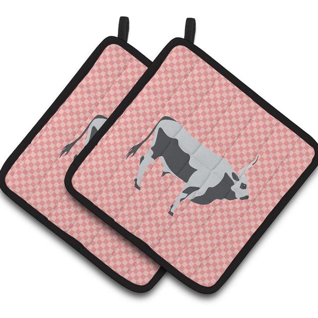 Hungarian Grey Steppe Cow Pink Check Pair of Pot Holders - Pink