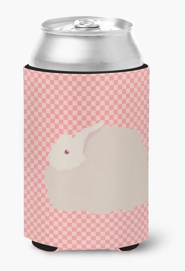 Fluffy Angora Rabbit Pink Check Can or Bottle Hugger - Pink