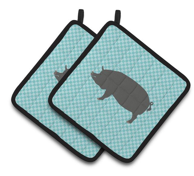 Berkshire Pig Blue Check Pair of Pot Holders - Blue