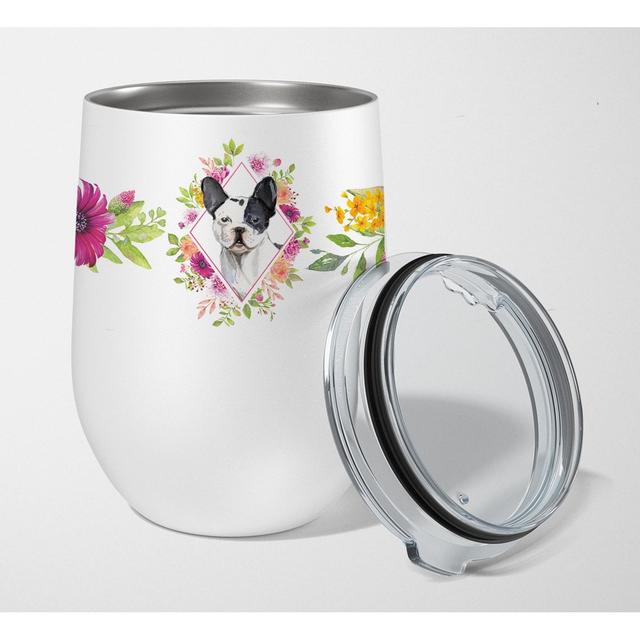 CK4260TBL12 12 oz Black & White Frenchie Pink Flowers Stainless Steel Stemless Wine Glass