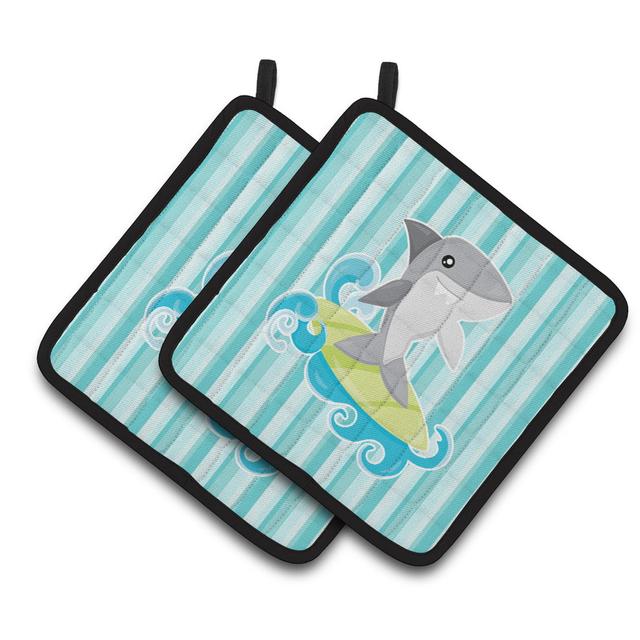 Surfin Shark on Stripes Pair of Pot Holders