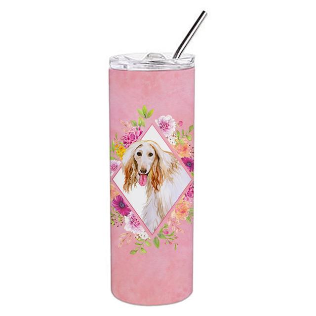 CK4110TBL20 20 oz Afghan Hound Pink Flowers Double Walled Stainless Steel Skinny Tumbler