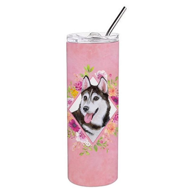 20 oz Siberian Husky No.1 Pink Flowers Double Walled Stainless Steel Skinny Tumbler