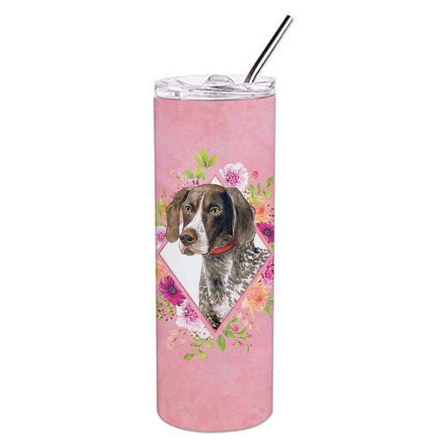 CK4157TBL20 20 oz German Shorthaired Pointer Pink Flowers Double Walled Stainless Steel Skinny Tumbler
