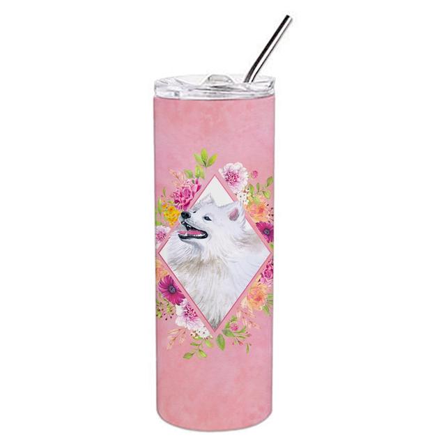 CK4177TBL20 20 oz Samoyed Pink Flowers Double Walled Stainless Steel Skinny Tumbler