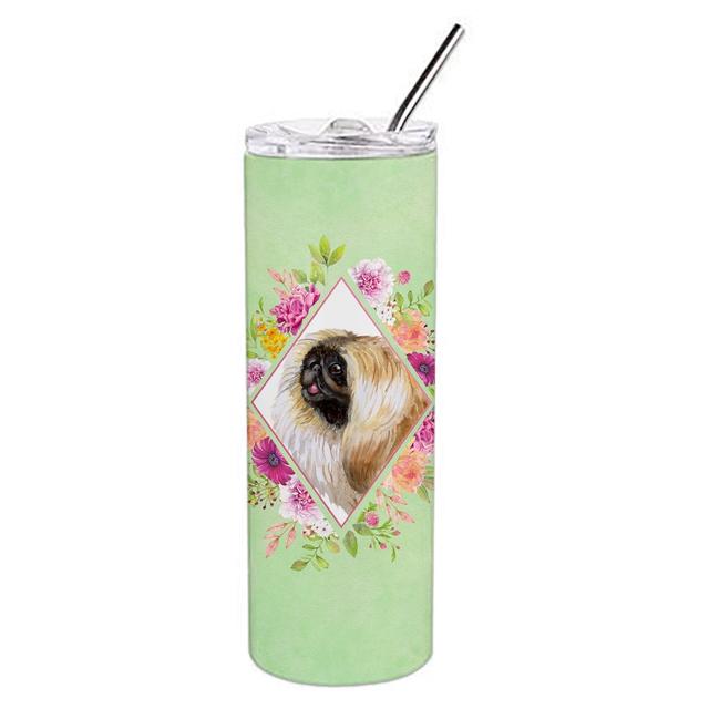 CK4326TBL20 20 oz Pekingese Green Flowers Double Walled Stainless Steel Skinny Tumbler