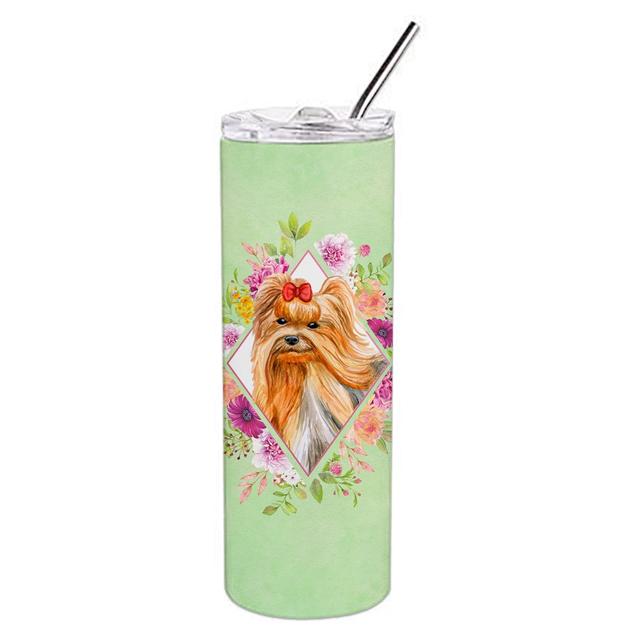 CK4355TBL20 20 oz Yorkshire Terrier No.2 Green Flowers Double Walled Stainless Steel Skinny Tumbler
