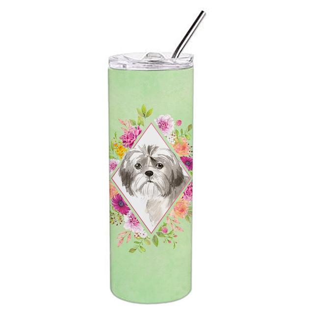 CK4371TBL20 20 oz Shih Tzu Puppy Green Flowers Double Walled Stainless Steel Skinny Tumbler