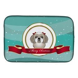 Gray Silver Shih Tzu Merry Christmas Dish Drying Mat