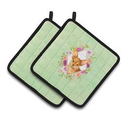 7.5 x 7.5 in. Toy Terrier Green Flowers Pair of Pot Holders