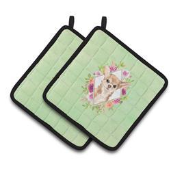 7.5 x 7.5 in. Chihuahua Green Flowers Pair of Pot Holders