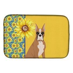 21 x 14 in. Summer Sunflowers Fawn Boxer Dish Drying Mat