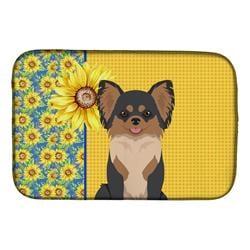 21 x 14 in. Summer Sunflowers Longhaired Black & Tan Chihuahua Dish Drying Mat