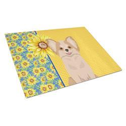 15 x 12 in. Summer Sunflowers Longhaired Gold & White Chihuahua Glass Large Cutting Board