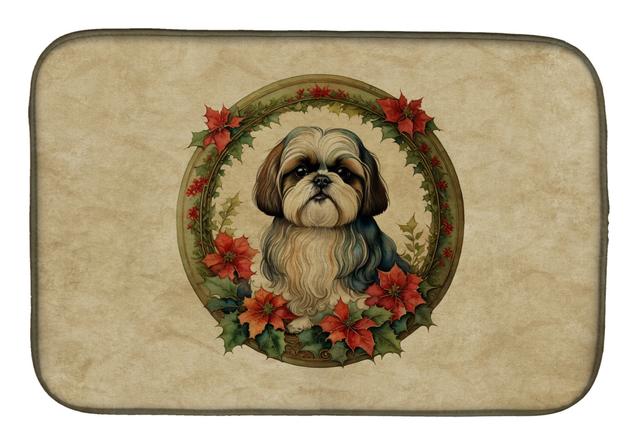 21 x 14 in. Unisex Shih Tzu Christmas Flowers Dish Drying Mat