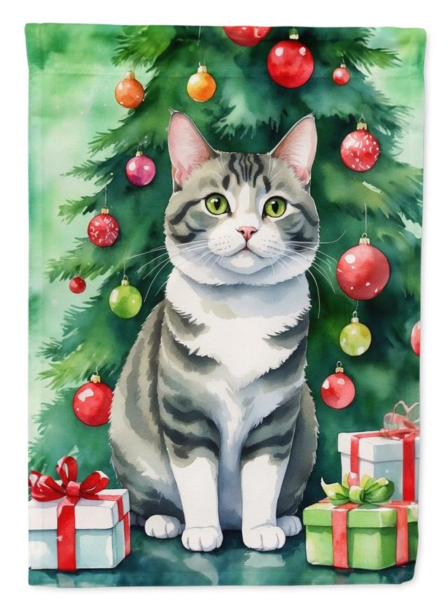 DAC7225GF 15.5 x 11.25 in. Korean Bobtail Cat by the Christmas Tree Garden Flag