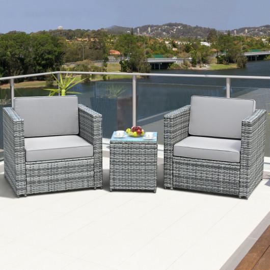 HW62883Plus Patio Garden Rattan Furniture Sofa Cushioned Coffee Table Set - 3 Piece