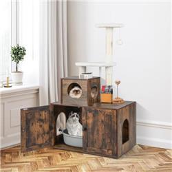 PV10055CF Cat Tree with Litter Box Enclosure with Cat Condo, Rustic Brown