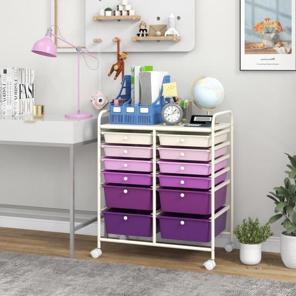HW56500PU 12-Drawer Rolling Storage Cart with Removable Drawers & Lockable Wheels - Purple