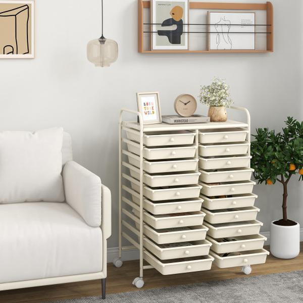 HW56501WH 20 Drawers Rolling Storage Cart Studio Organizer - Beige
