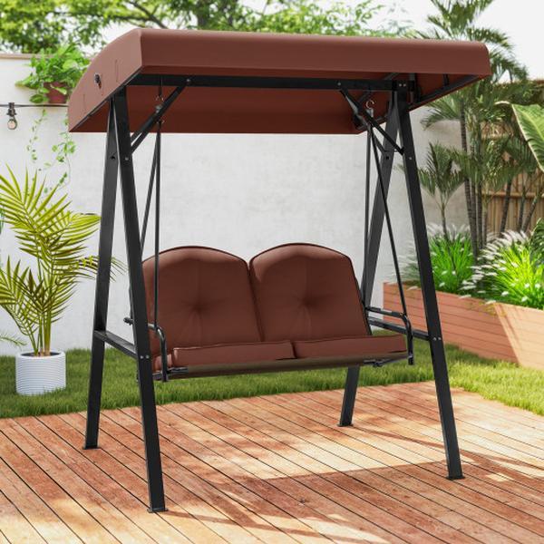 NP12258CF 2-Person Outdoor Porch Swing with A-Shaped Metal Stand & Adjustable Canopy - Brown