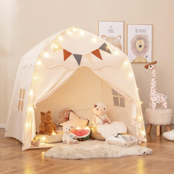 TP10258BE Kids Extra Large Playhouse Bed Tent with String Lights - Beige
