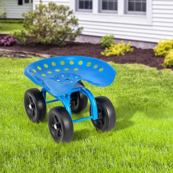 GT4029BL Garden Rolling Workseat Cart with 360 Deg Swivel Seat & Adjustable Height - Blue