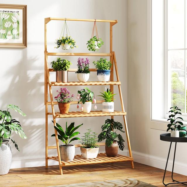 GT4337NA 3 Tier Bamboo Hanging Plant Stand with Height Adjustable Hanger Rod - Natural